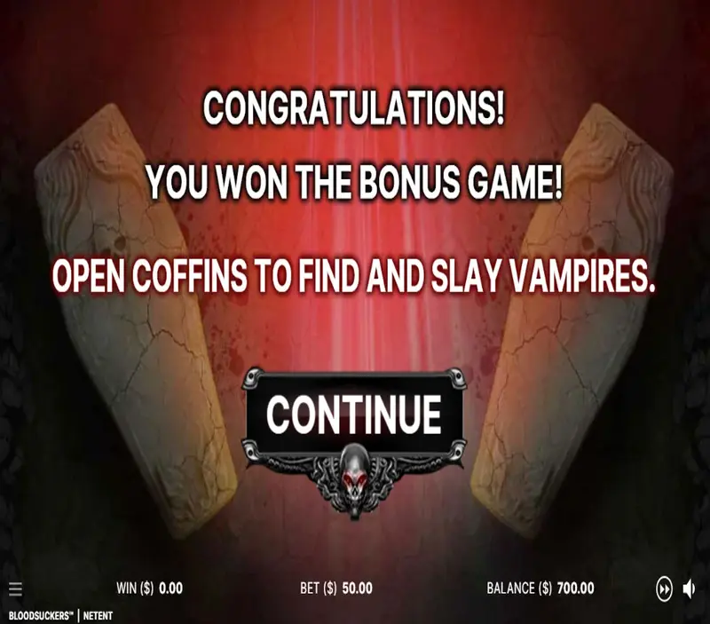 Blood Suckers slot bonus game screen featuring cracked coffins, a red glowing background, and text prompting players to open coffins and slay vampires.