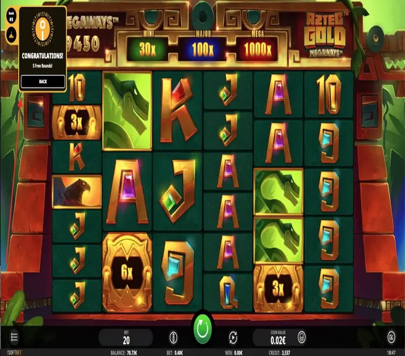 Aztec Gold Megaways Slot Gameplay - Screenshot showcasing cascading reels, Sun Disc multipliers, and jackpot values (30x, 100x, 1000x) with vibrant Aztec-themed design.