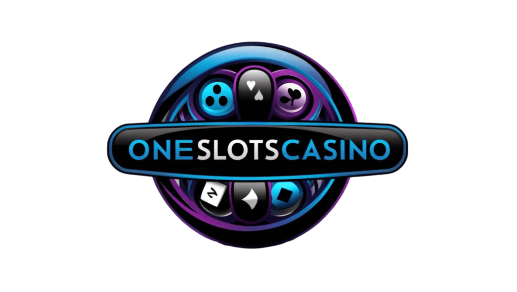 OneSlotsCasino logo featuring Best Online Casinos and a modern circular design with casino symbols in blue and purple gradients, centered text in white and cyan, surrounded by playing card suits and dice icons on a black background.