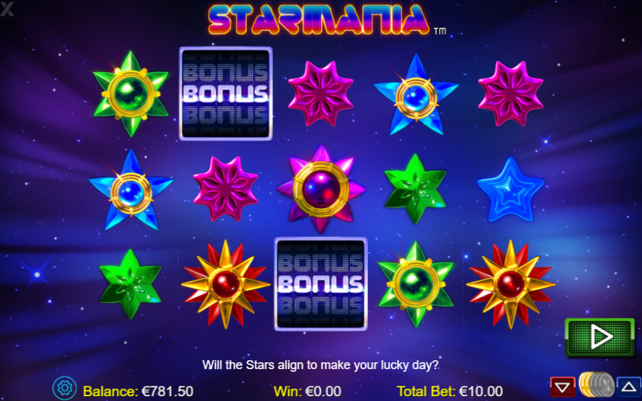 Starmania slot game screen featuring vibrant star symbols, bonus Scatter icons, and a cosmic galaxy background, highlighting the space-themed gameplay.