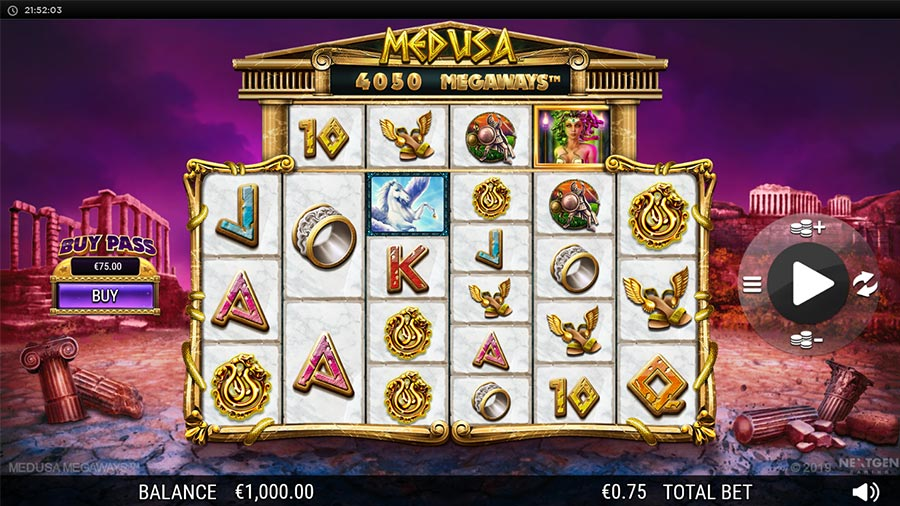 Medusa Megaways slot game interface featuring ancient Greek-themed symbols, a 6-reel layout with 4,050 potential Megaways, a €0.75 total bet, and a €1,000 balance. The screen highlights the Buy Pass feature for €75 and a vibrant background of Greek ruins.