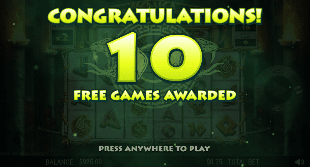 Medusa Megaways slot game screen displaying a congratulatory message with '10 Free Games Awarded' in bold green text, set against a mystical ancient Greek-themed background with reels, symbols, and a visible balance of $925 and $0.75 total bet.