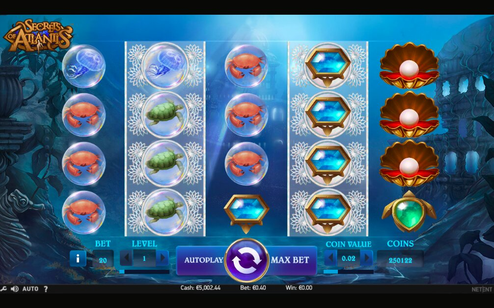 Secrets of Atlantis slot game interface featuring underwater-themed reels with symbols like crabs, turtles, gems, and pearls, set against a sunken city backdrop.