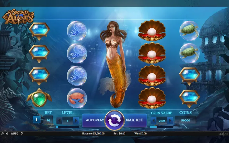 Secrets of Atlantis slot game interface featuring underwater-themed reels with symbols like crabs, turtles, gems, and pearls, set against a sunken city backdrop.