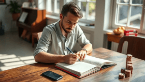 A focused man writing in a notebook at a wooden table, with poker chips and a smartphone nearby, in a bright, sunlit room.