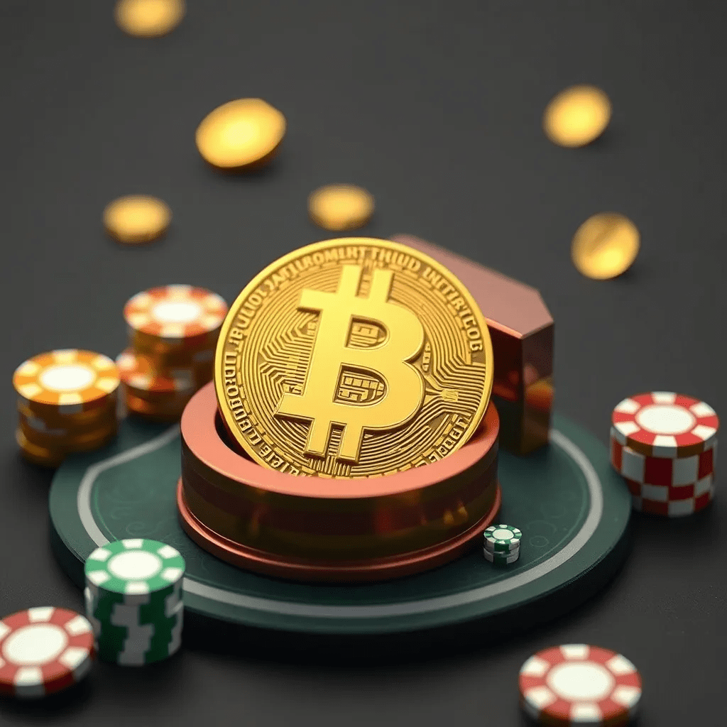 Golden Bitcoin coin placed on a crypto casinos chip stack surrounded by colorful poker chips, symbolizing cryptocurrency's role in modern online gambling.