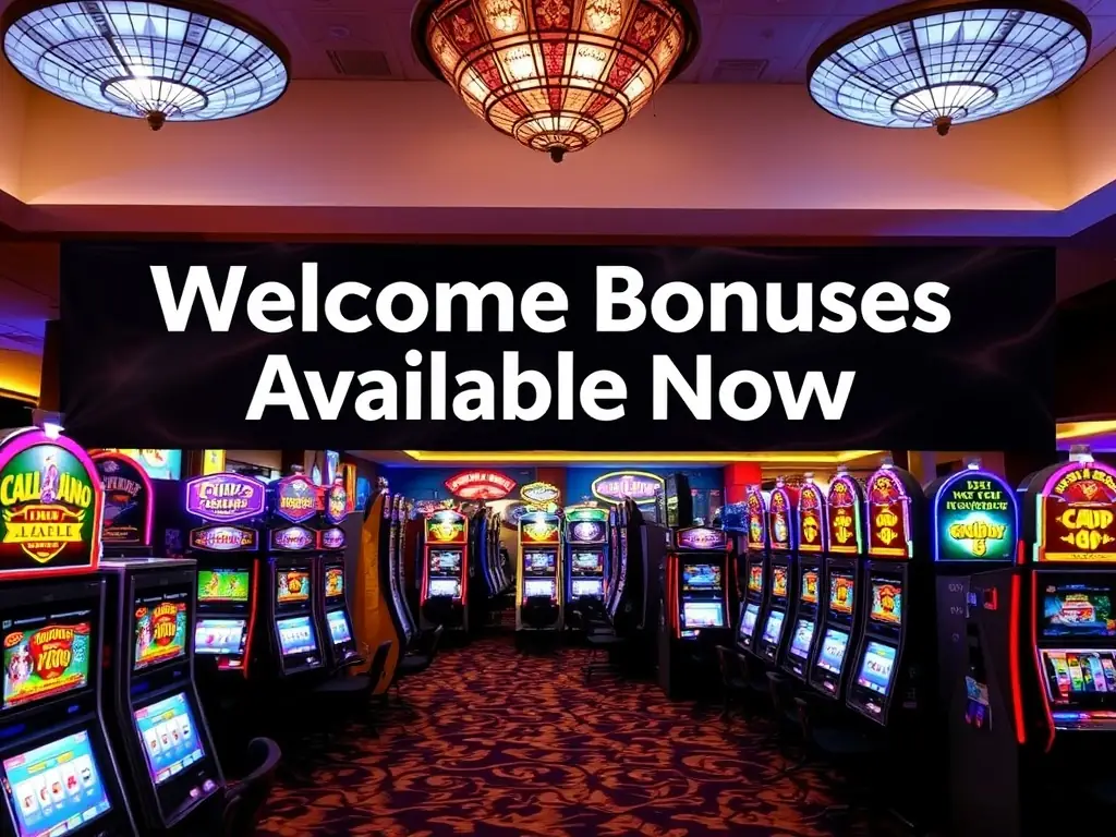 Online Casinos bright floor with colorful slot machines and a banner reading 'Welcome Bonuses Available Now,' showcasing a vibrant Online Casinos environment.