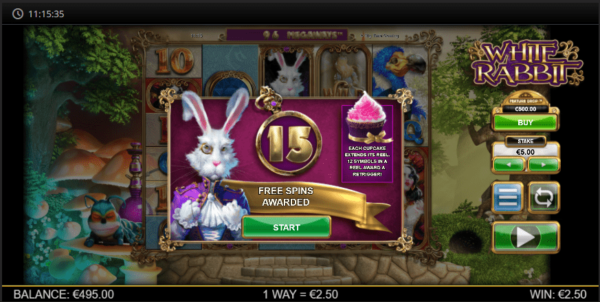 White Rabbit Megaways Free Spins Feature - Screenshot showcasing 15 free spins awarded with vibrant Wonderland-themed graphics and gameplay elements.