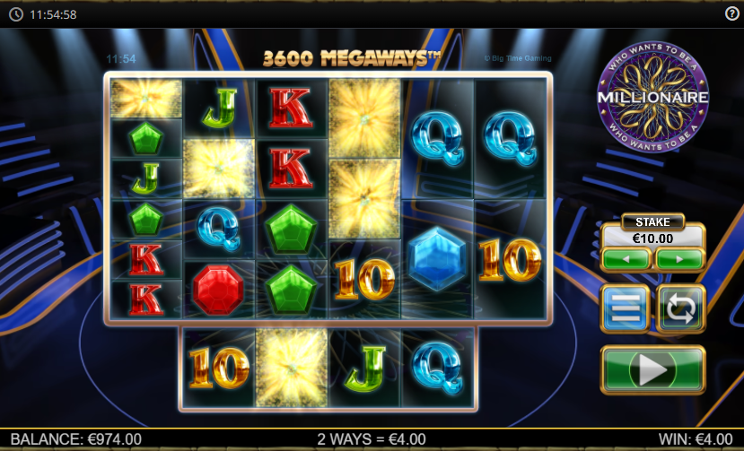 Who Wants to Be a Millionaire Megaways Slot Gameplay - Vibrant reels showcasing gems and card symbols with 3,600 Megaways active, set against the iconic TV show backdrop.