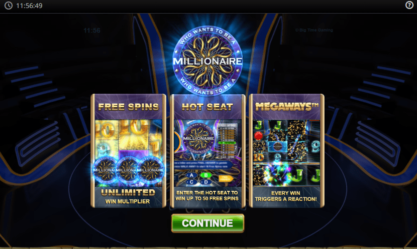 Who Wants to Be a Millionaire Megaways Slot Features - Highlighting Free Spins with unlimited multipliers, Hot Seat bonus, and Megaways mechanic for big wins.