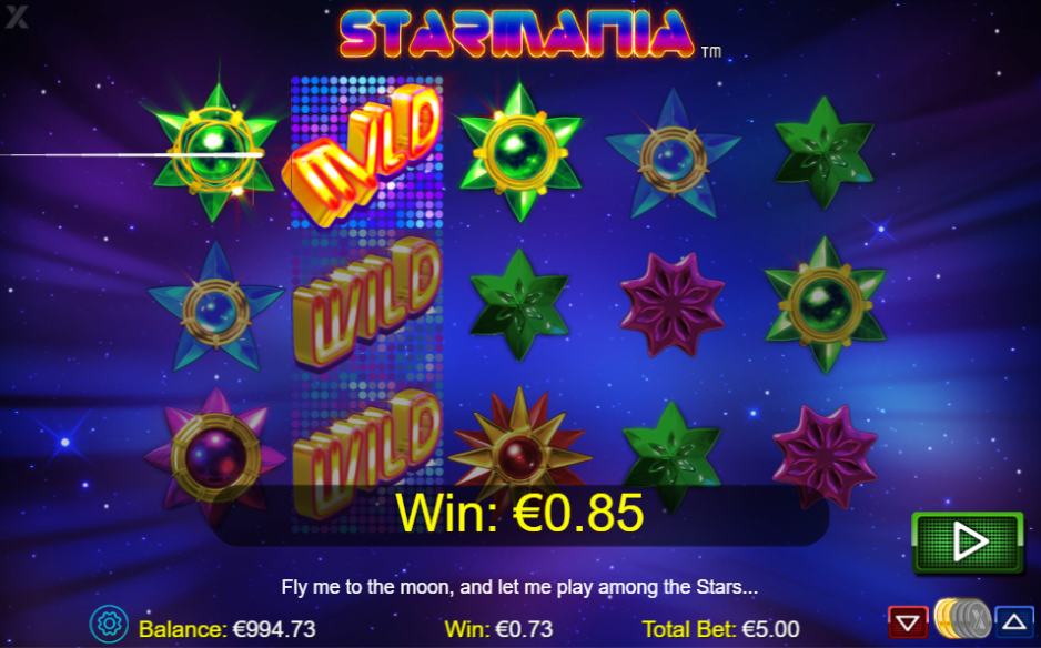 Starmania slot gameplay screen featuring vibrant star symbols, stacked Wilds, and a cosmic space-themed background with a displayed win of €0.85."