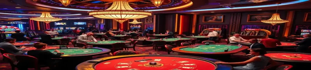 Vibrant interior of a sweepstakes casinos featuring players enjoying table games like blackjack and roulette under elegant chandeliers, February 2025.